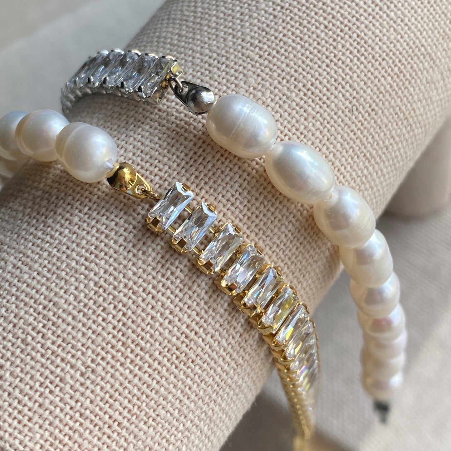 Tennis Pearl Half and Half Bracelet Baguette CZ Gold or Silver Stainless Steel