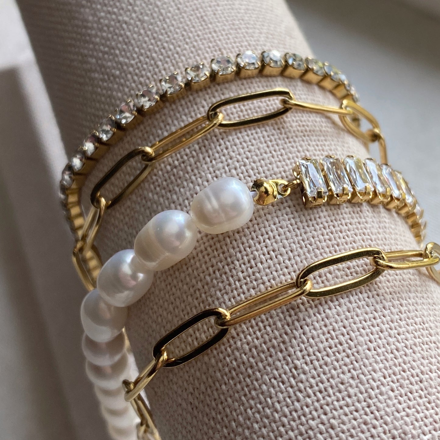 Tennis Pearl Half and Half Bracelet Baguette CZ Gold or Silver Stainless Steel