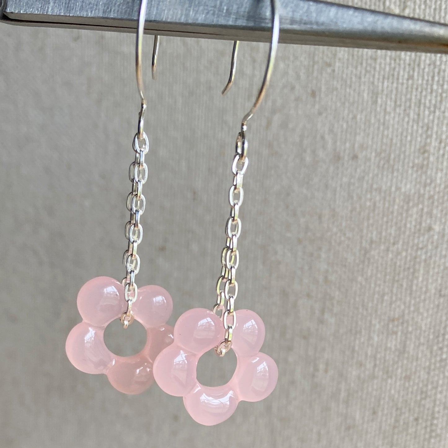 Flower Dangle Chain Earrings Pink Silver Hook Earrings