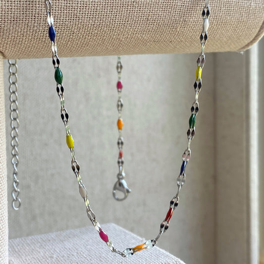 Silver Necklace Rainbow Colorful Dainty Lace Chain Stainless Steel Waterproof
