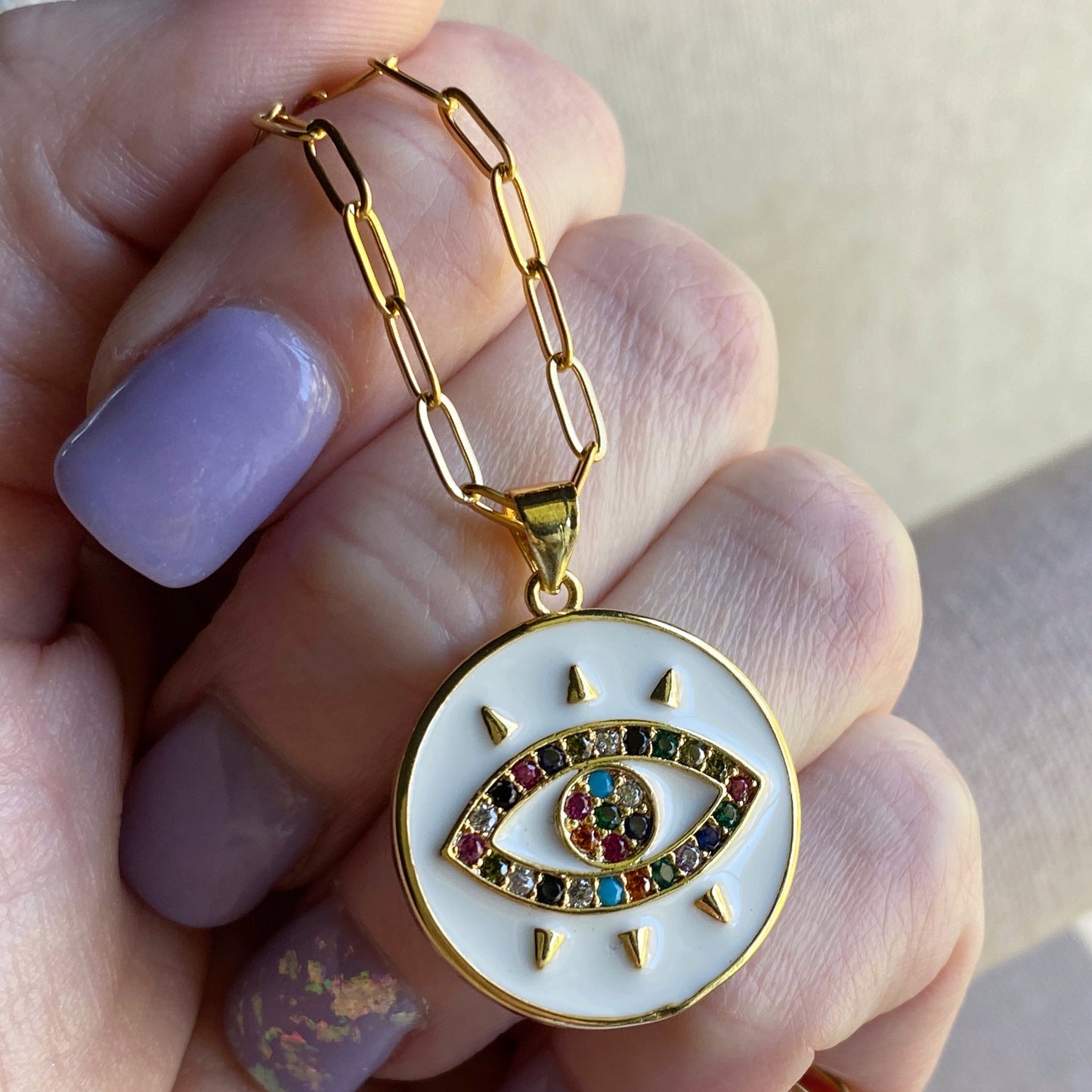 Evil Eye Of Protection Gold Pendant Enamel Gem Layering Necklace