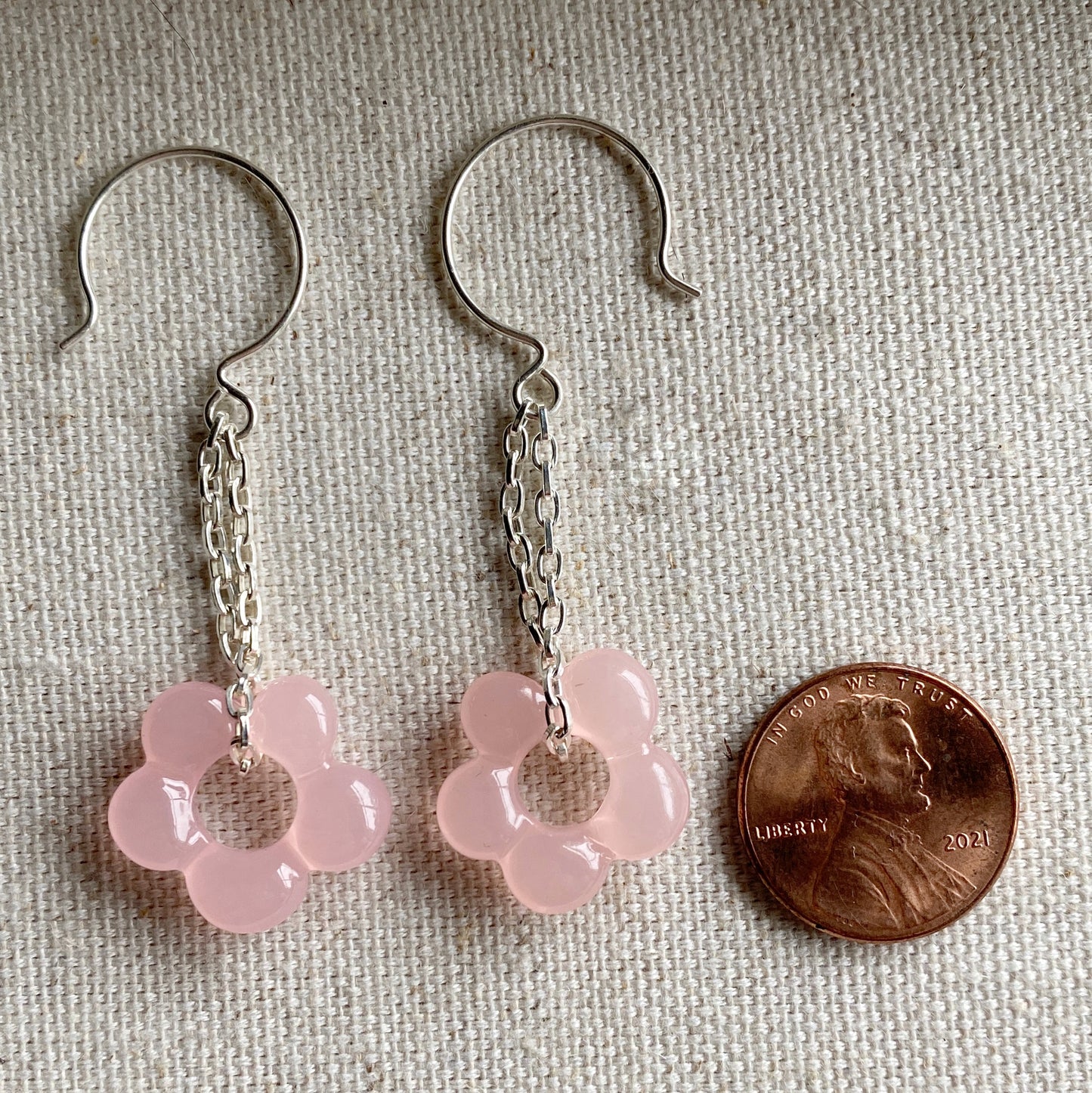 Flower Dangle Chain Earrings Pink Silver Hook Earrings