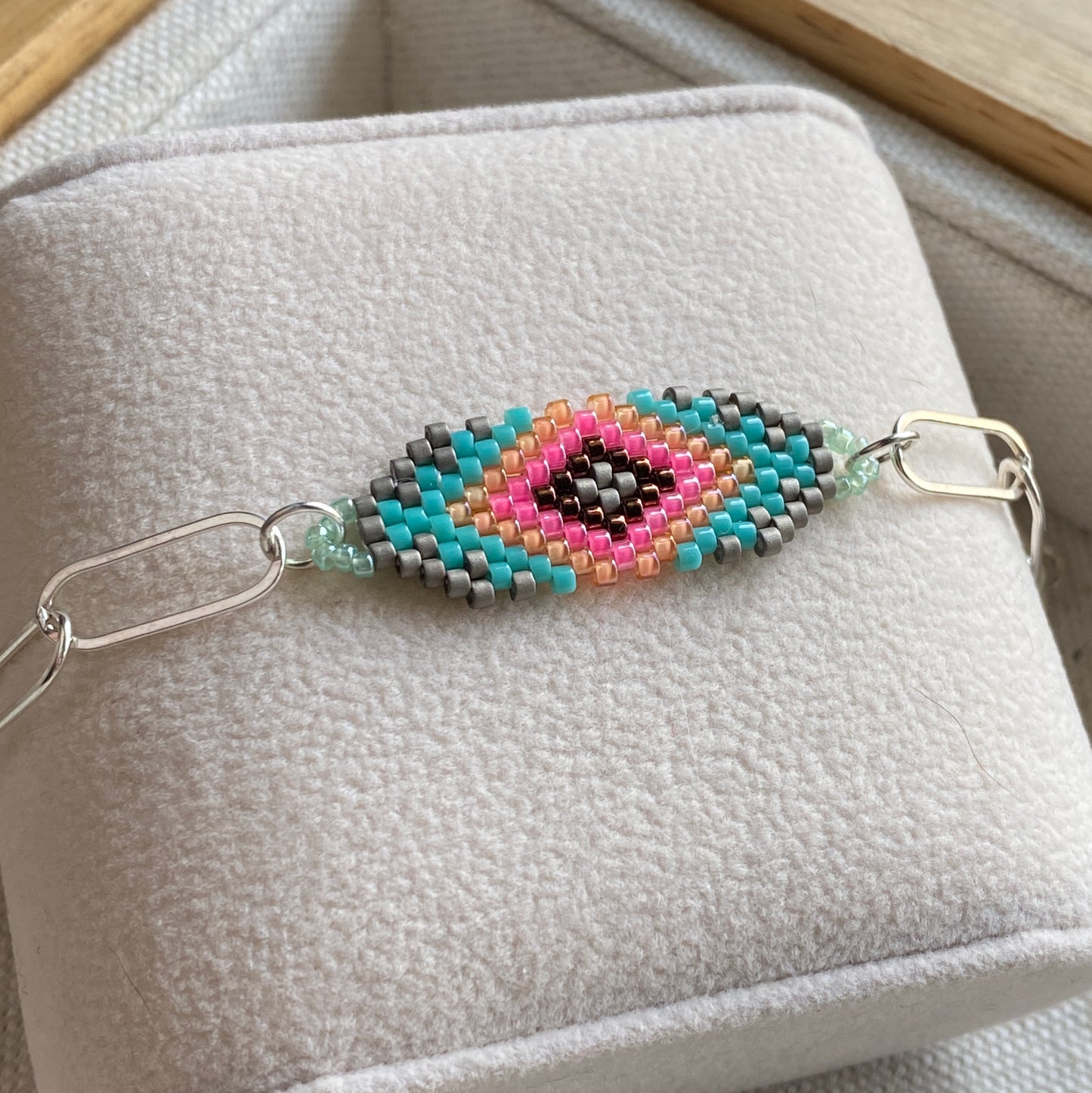 Beaded Bracelet Hand Woven Geometric Sterling Silver Paperclip Chain