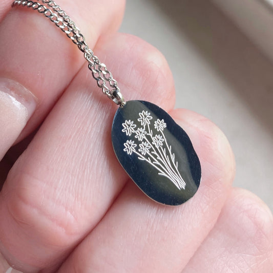 Birth Flower Necklace Silver Stainless Steel Waterproof Jewelry