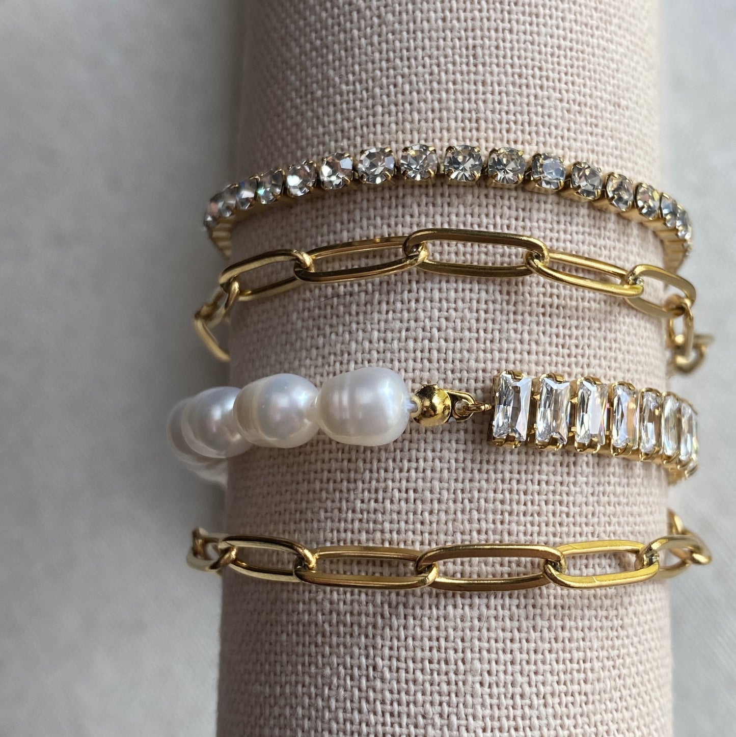 Tennis Pearl Half and Half Bracelet Baguette CZ Gold or Silver Stainless Steel