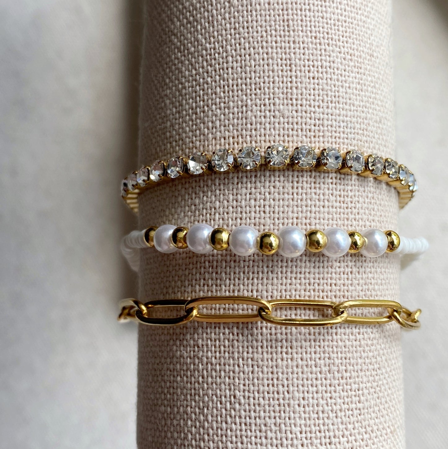 White Seed Bead + Pearl & Gold Dainty Adjustable Stacking Bracelet