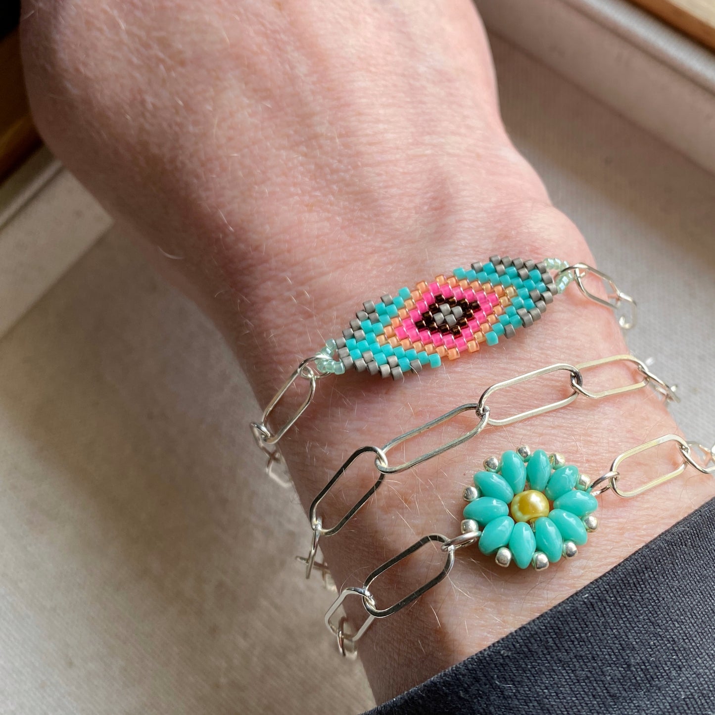 Hand Woven Flower Beaded Bracelet Sterling Silver Paperclip Chain