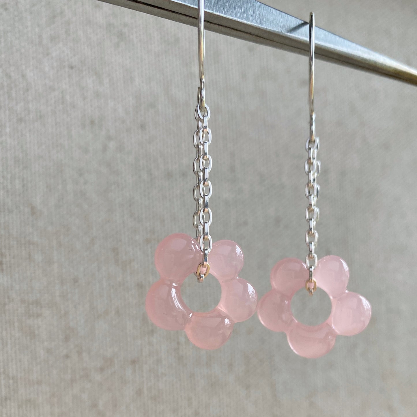 Flower Dangle Chain Earrings Pink Silver Hook Earrings