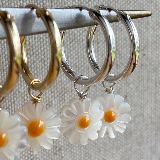 Daisy Hoop Earrings Silver or Gold Mother Of Pearl Flower Hoops