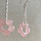 Flower Dangle Chain Earrings Pink Silver Hook Earrings