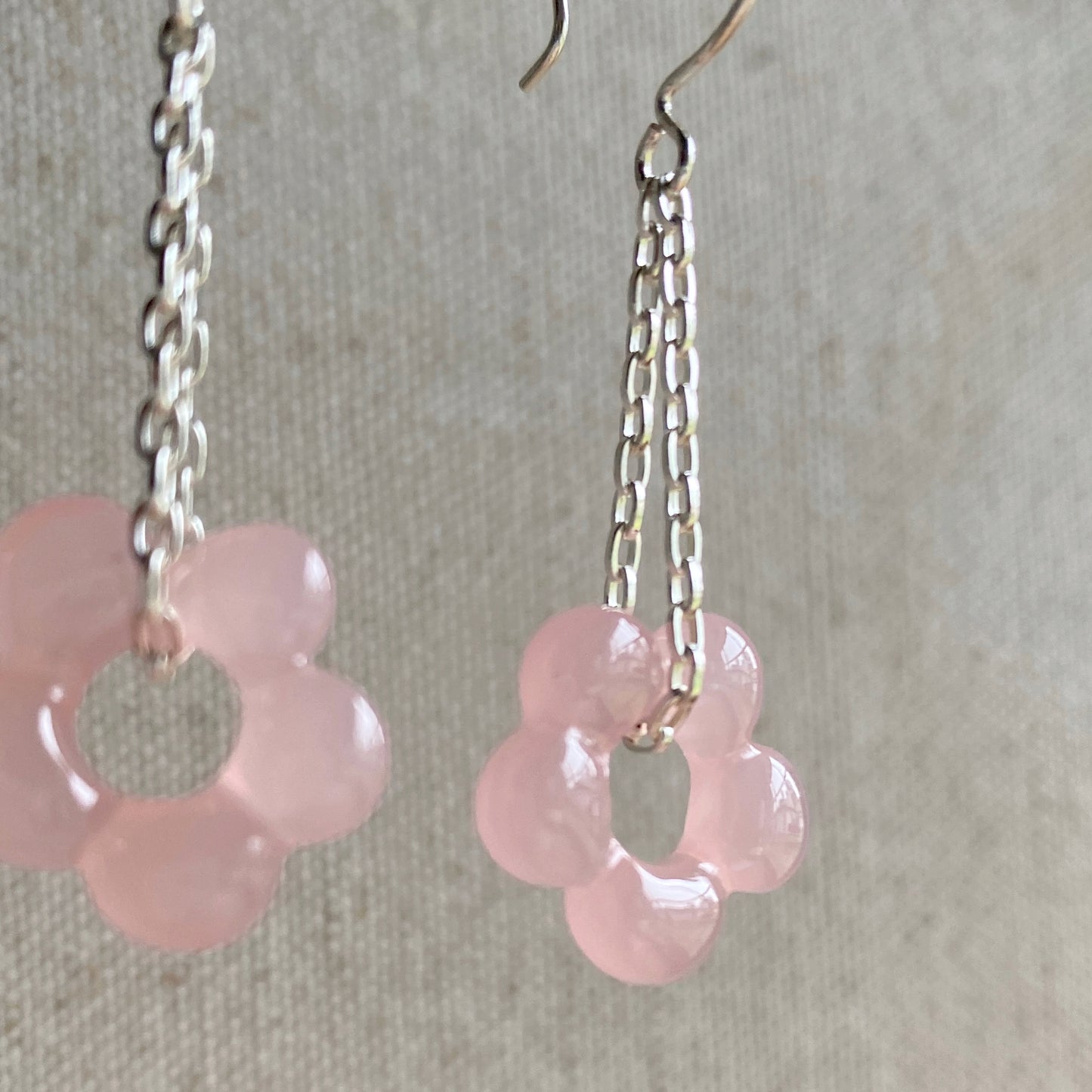 Flower Dangle Chain Earrings Pink Silver Hook Earrings