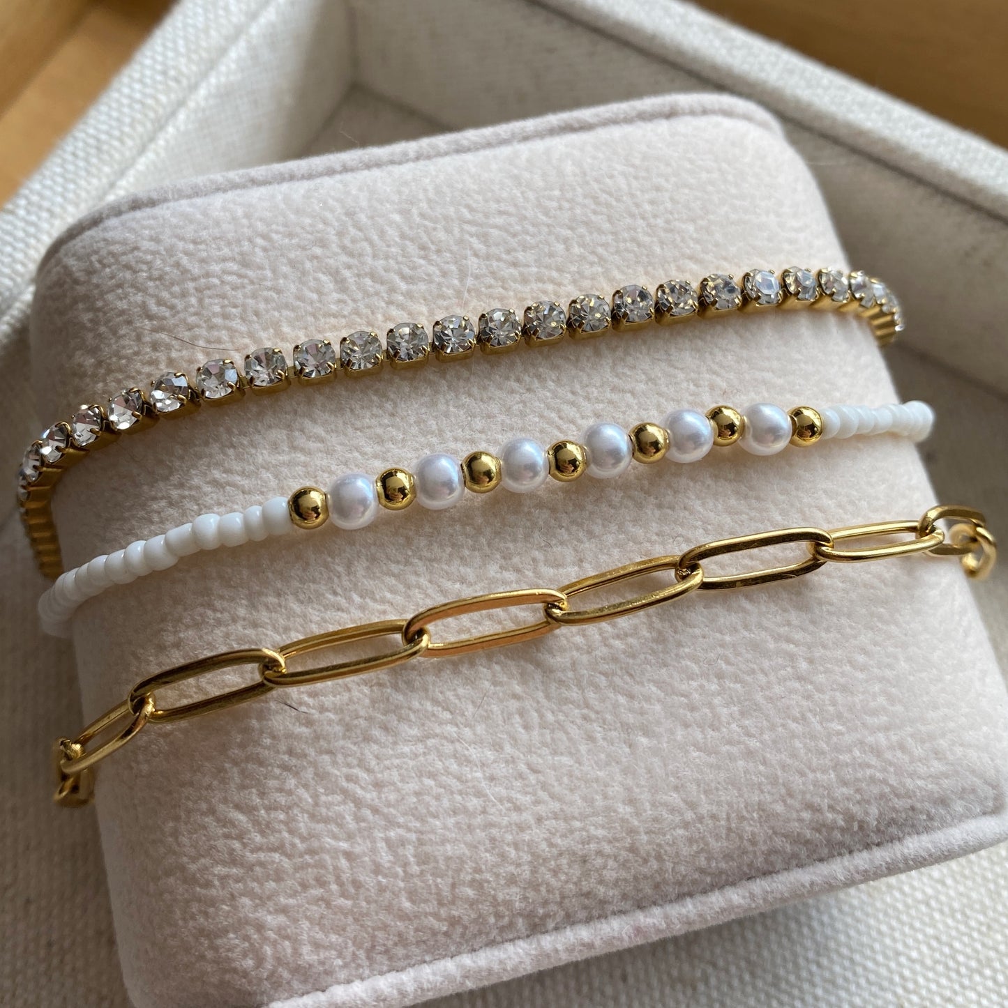 White Seed Bead + Pearl & Gold Dainty Adjustable Stacking Bracelet