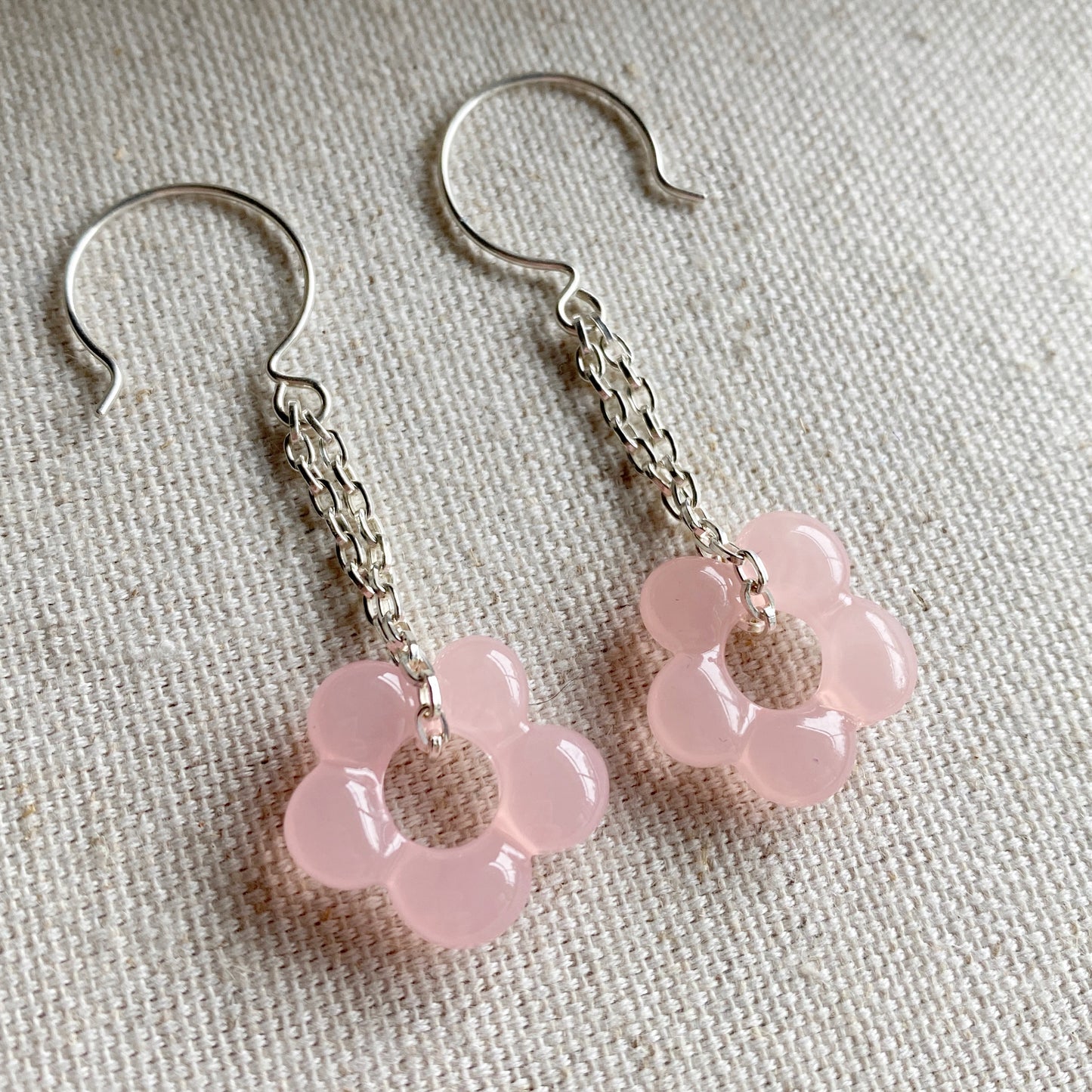 Flower Dangle Chain Earrings Pink Silver Hook Earrings