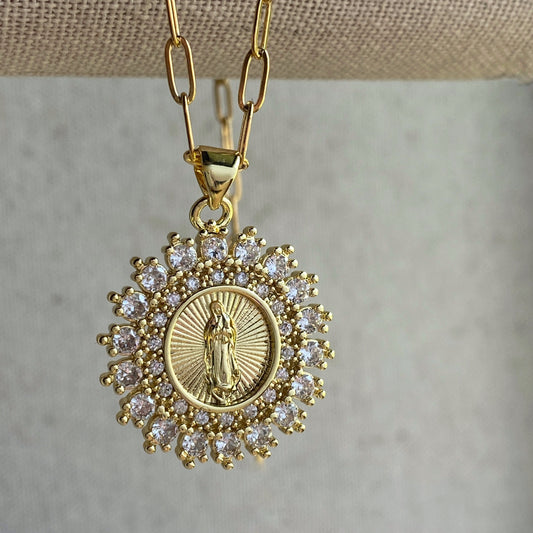 Gold Sacred Mother Necklace CZ Pendant Paperclip Religious Mary Medal