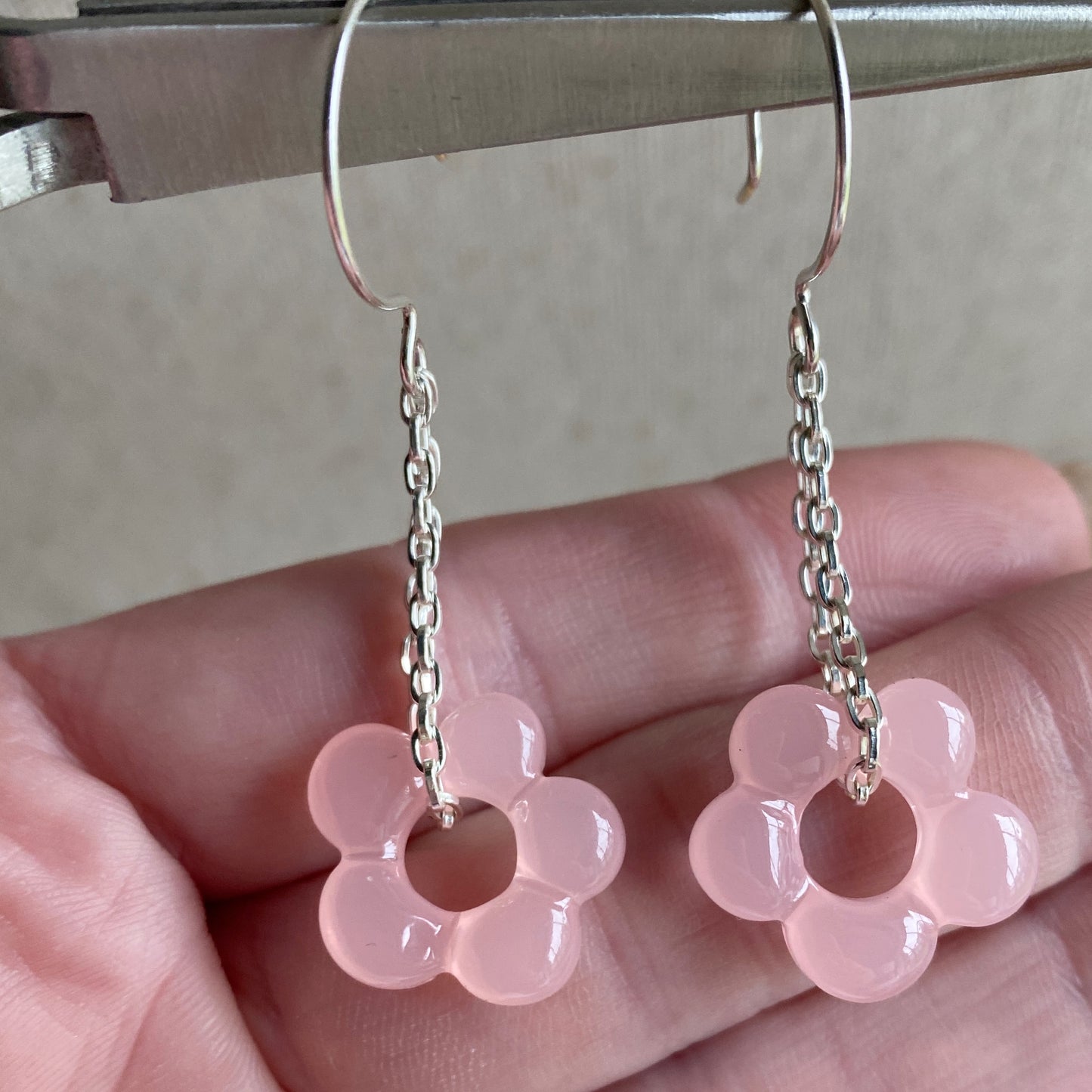 Flower Dangle Chain Earrings Pink Silver Hook Earrings