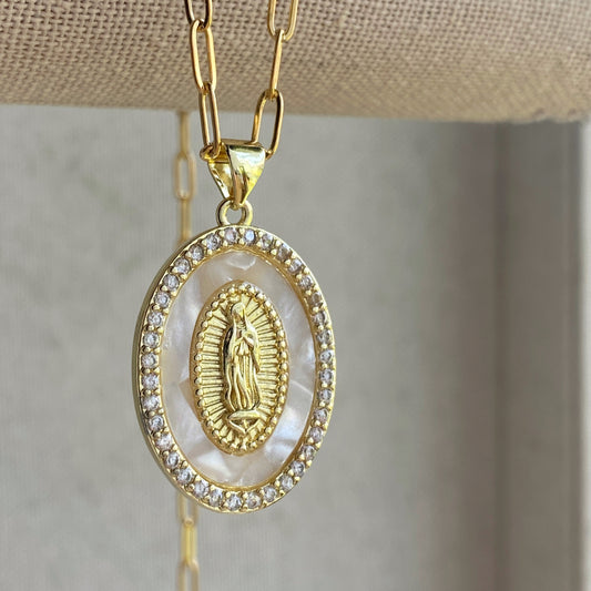 Gold Mother of Pearl Sacred Mother Necklace CZ Pendant Paperclip Religious Mary Medallion