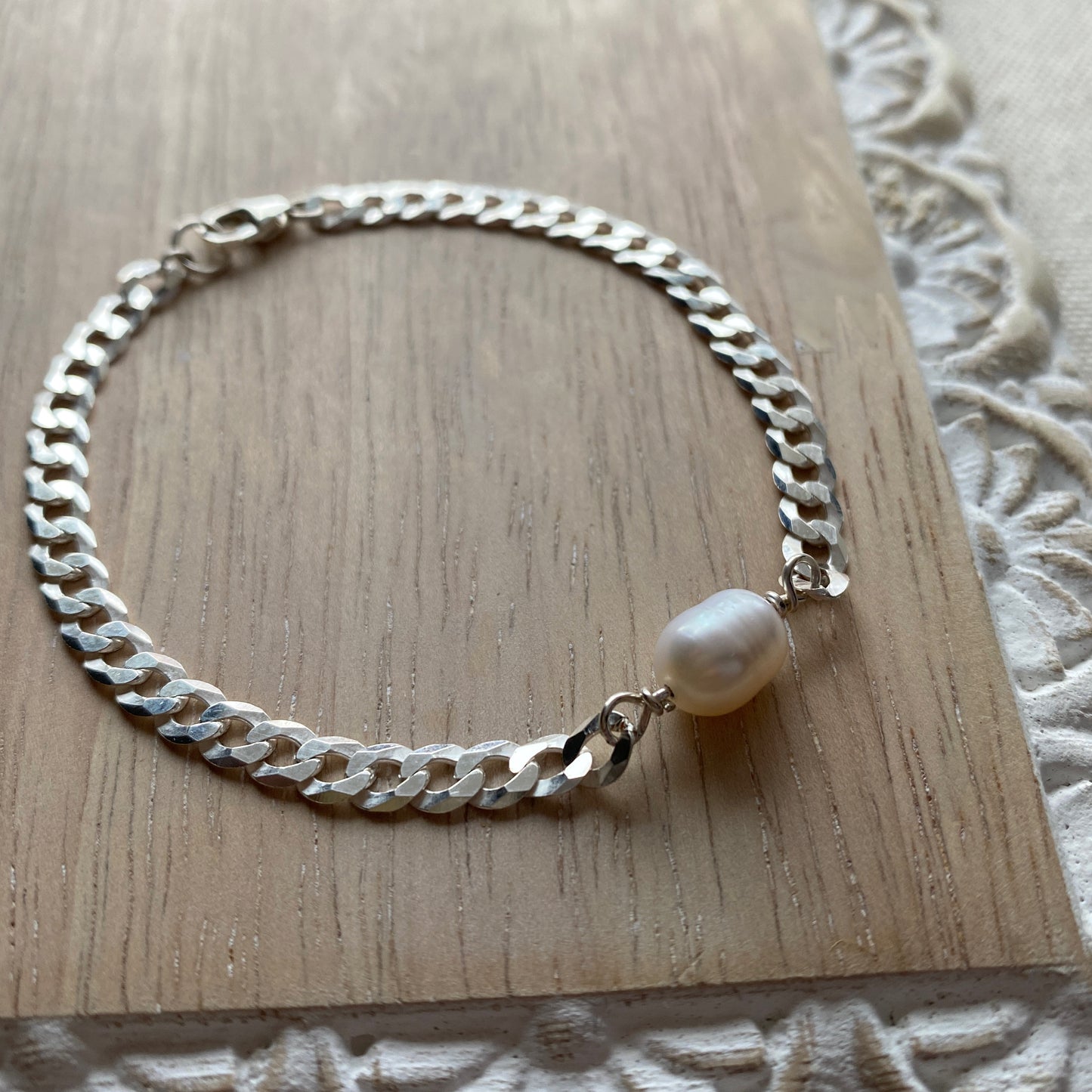 Pearl Curb Link Chain Bracelet Sterling Silver Stacking Layering Jewelry