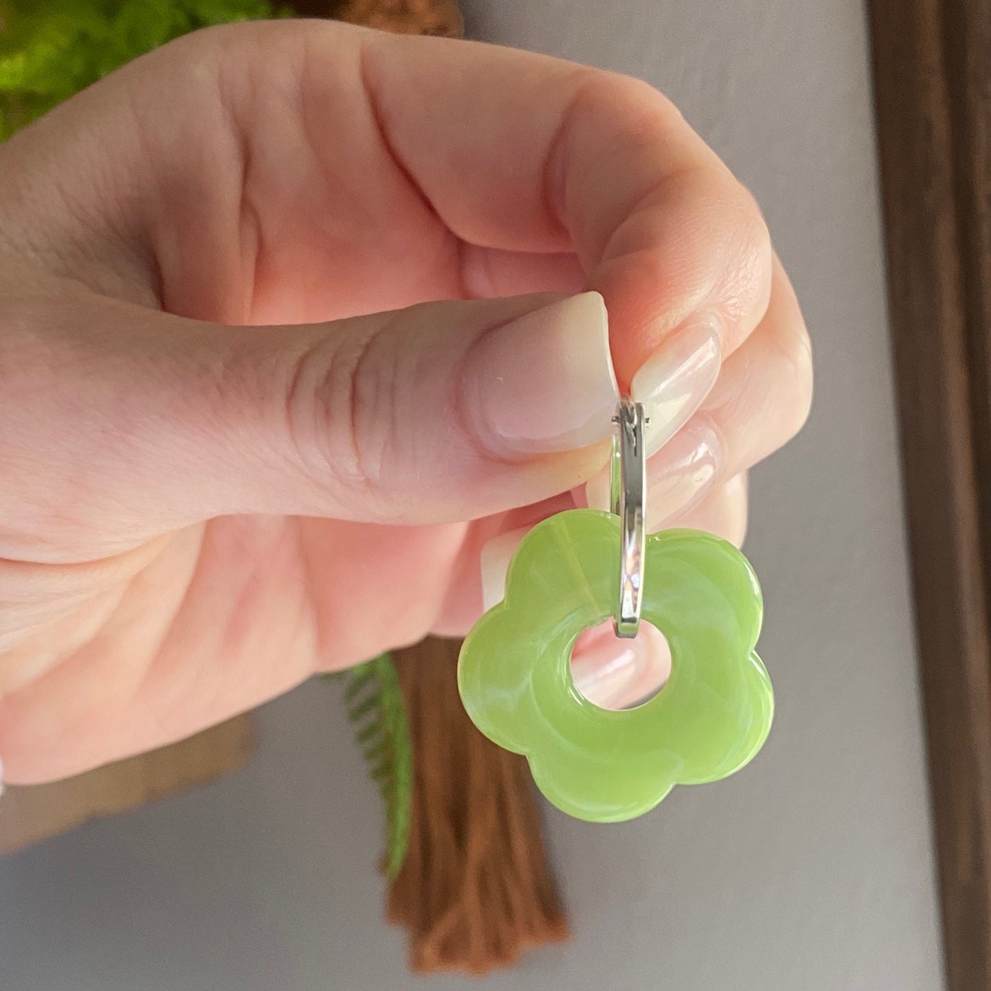 Flower Hoop Earrings Pink Green or Beige Trendy Sterling Silver Earrings