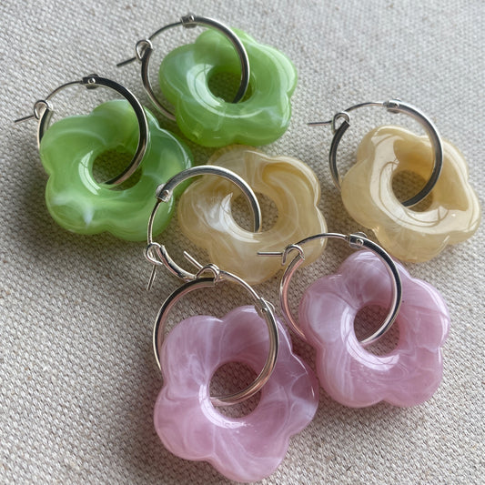 Flower Hoop Earrings Pink Green or Beige Trendy Sterling Silver Earrings