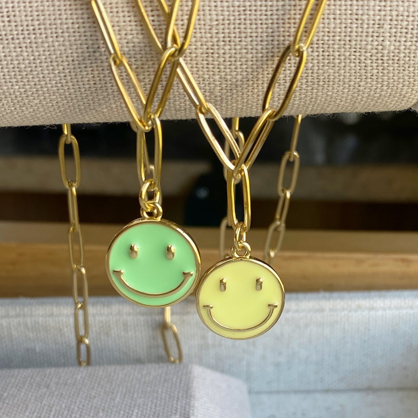 Enamel Happy Face Chunky Gold Necklace Paperclip Chain Colorful Emoji Smile Green Purple Yellow Neon Jewelry