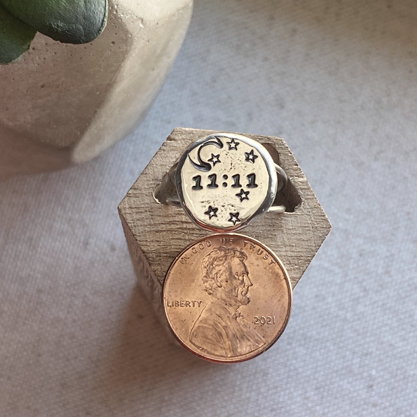 Angel Number Ring Time Personalized Moon Stars Sterling Silver Organic Shape Pebble Ring