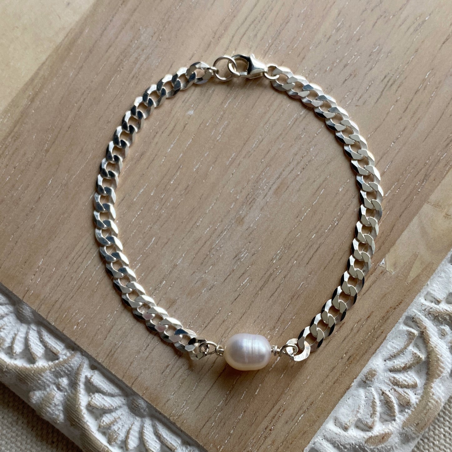 Pearl Curb Link Chain Bracelet Sterling Silver Stacking Layering Jewelry