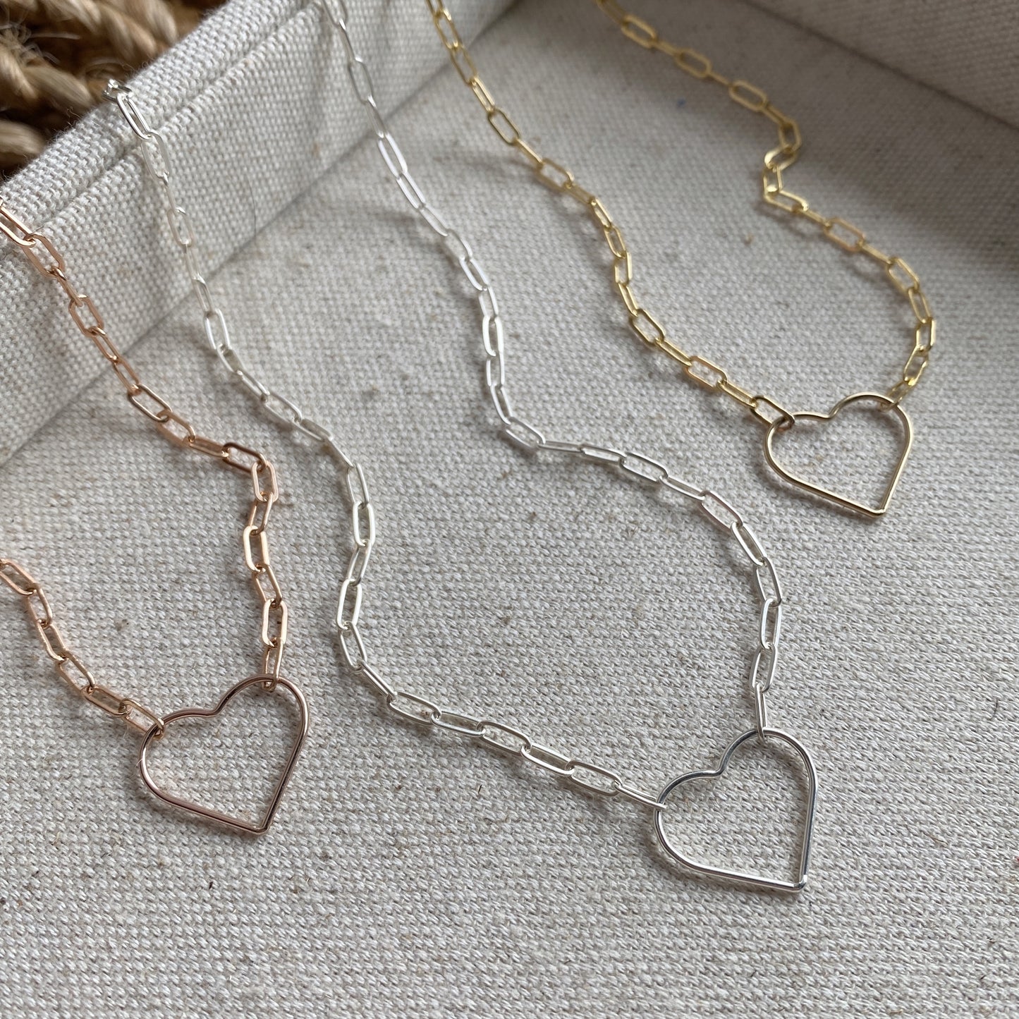 Heart Paperclip Chain Necklace Sterling Silver Gold or Rose Gold Filled Floating Heart Layering Jewelry