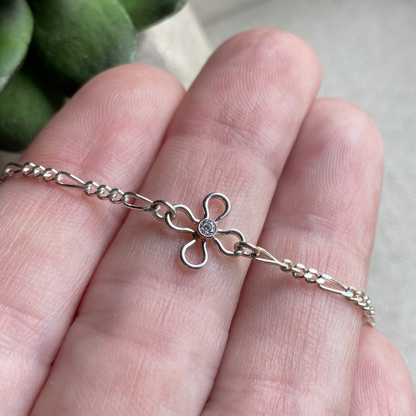 Silver Figaro Chain Bracelet Daisy Flower Station Link Sterling Silver