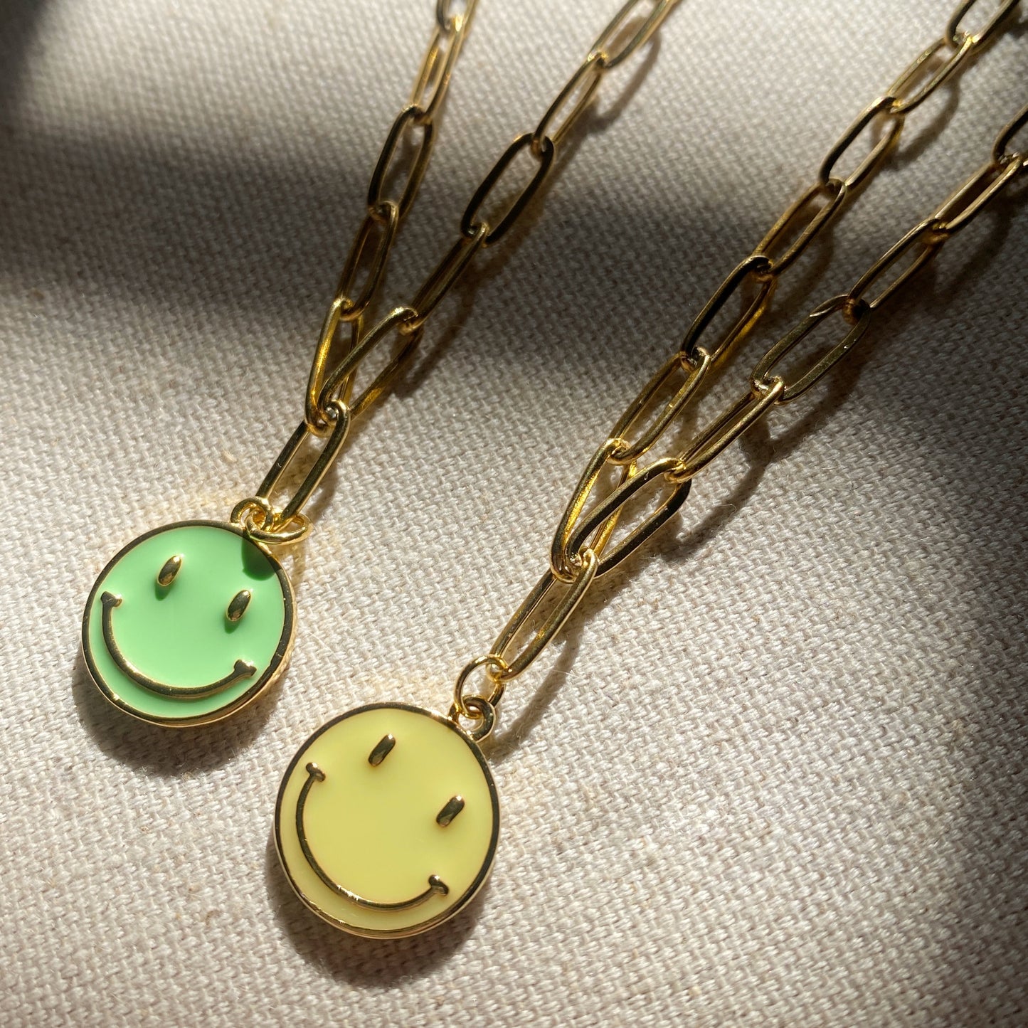 Enamel Happy Face Chunky Gold Necklace Paperclip Chain Colorful Emoji Smile Green Purple Yellow Neon Jewelry