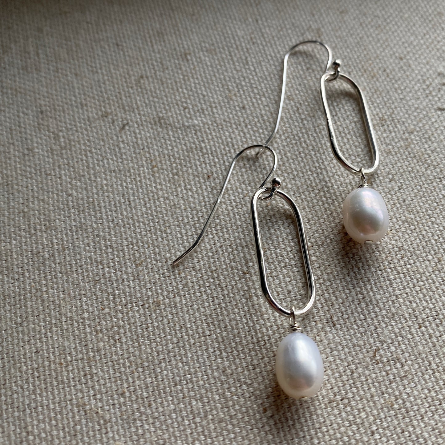 Pearl Earrings Long Oval Sterling Silver Link Freshwater Pearl