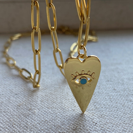 Evil Eye Protection Heart Gold Stainless Steel Paperclip Chain Plated Charm Turquoise Gem