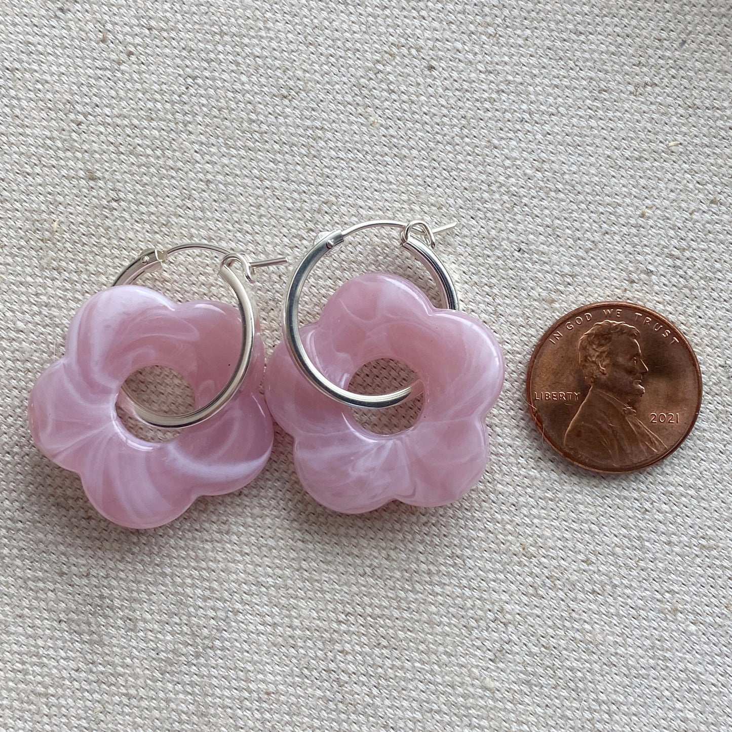 Flower Hoop Earrings Pink Green or Beige Trendy Sterling Silver Earrings