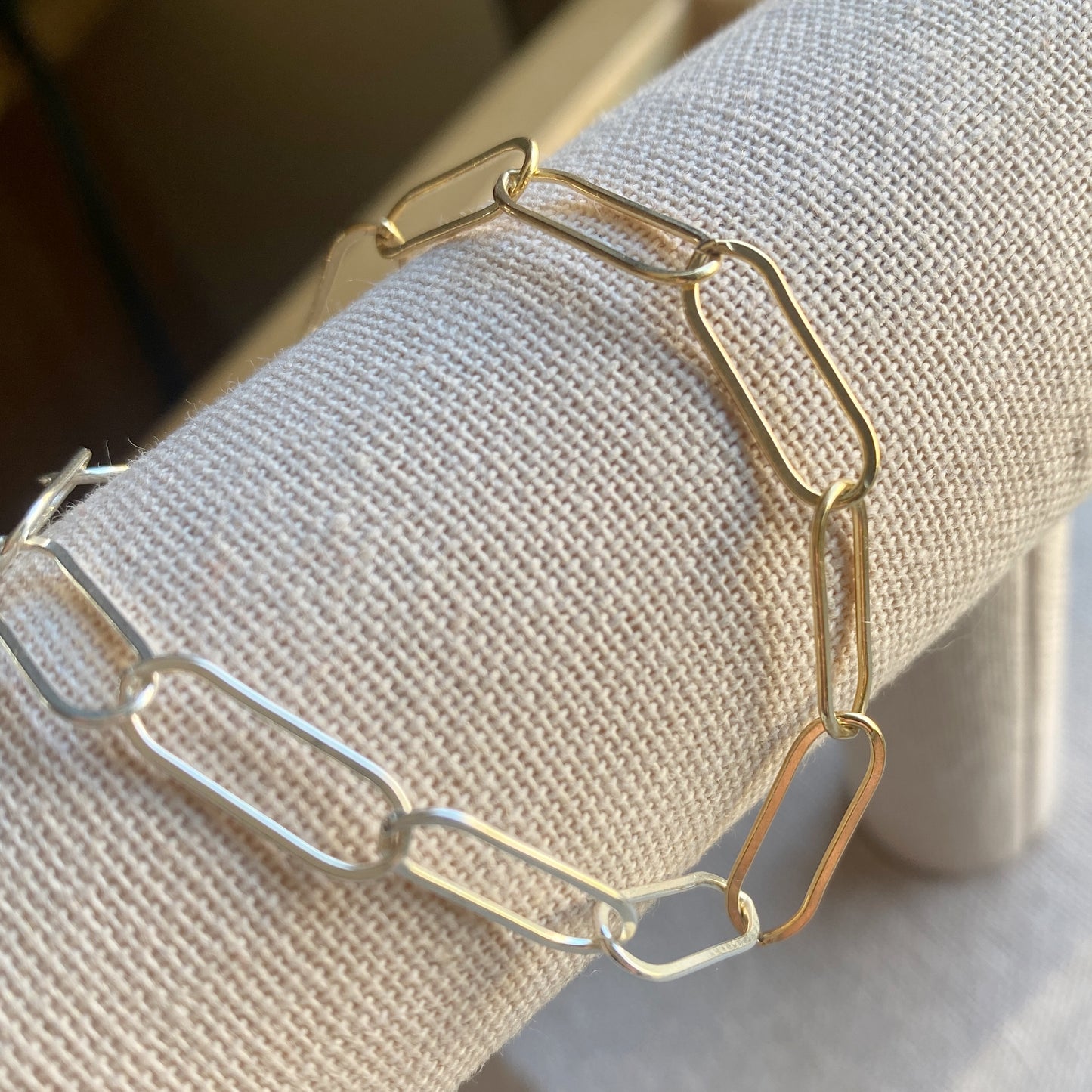 Half And Half Silver & Gold Paperclip Chain Link Bracelet Adjustable