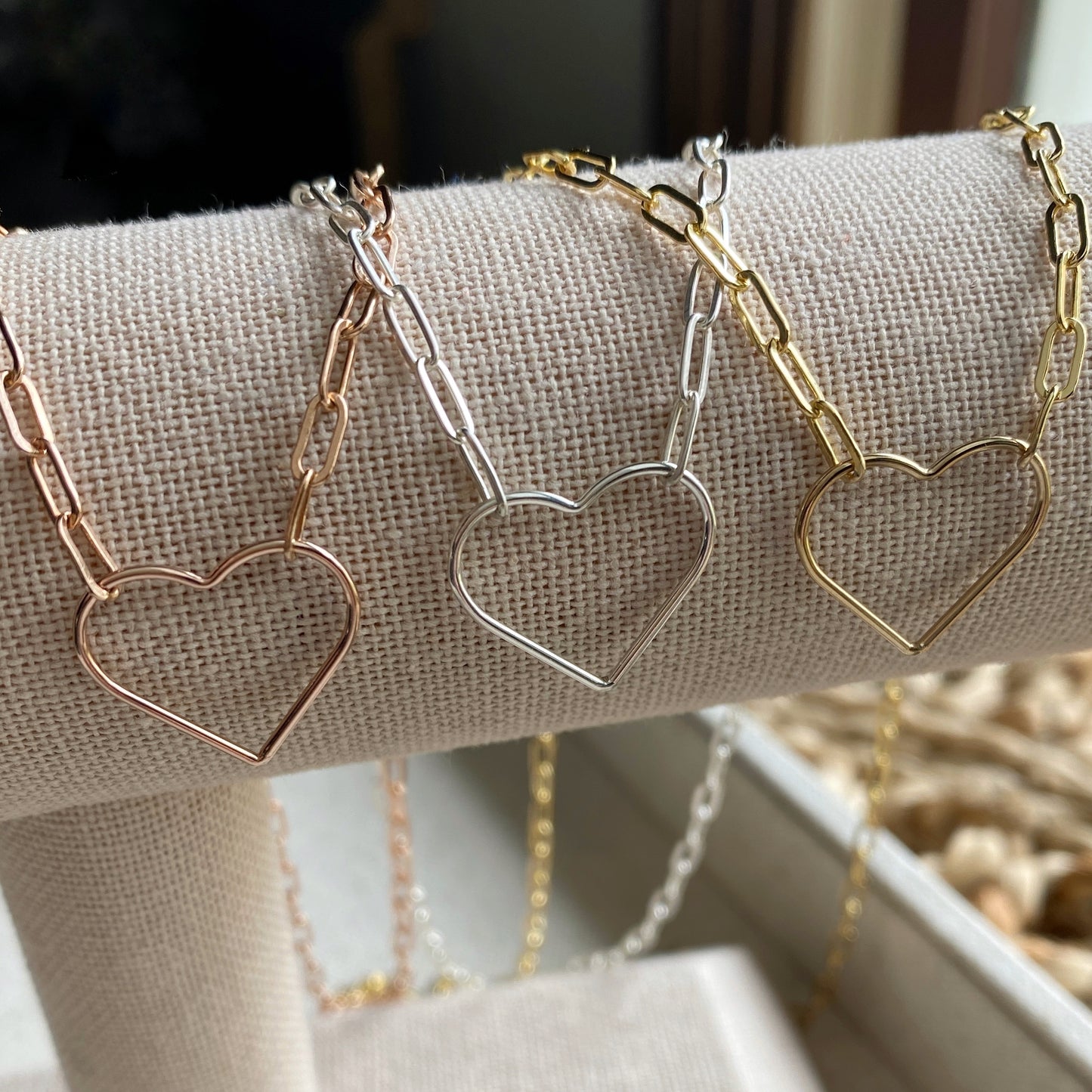 Heart Paperclip Chain Necklace Sterling Silver Gold or Rose Gold Filled Floating Heart Layering Jewelry