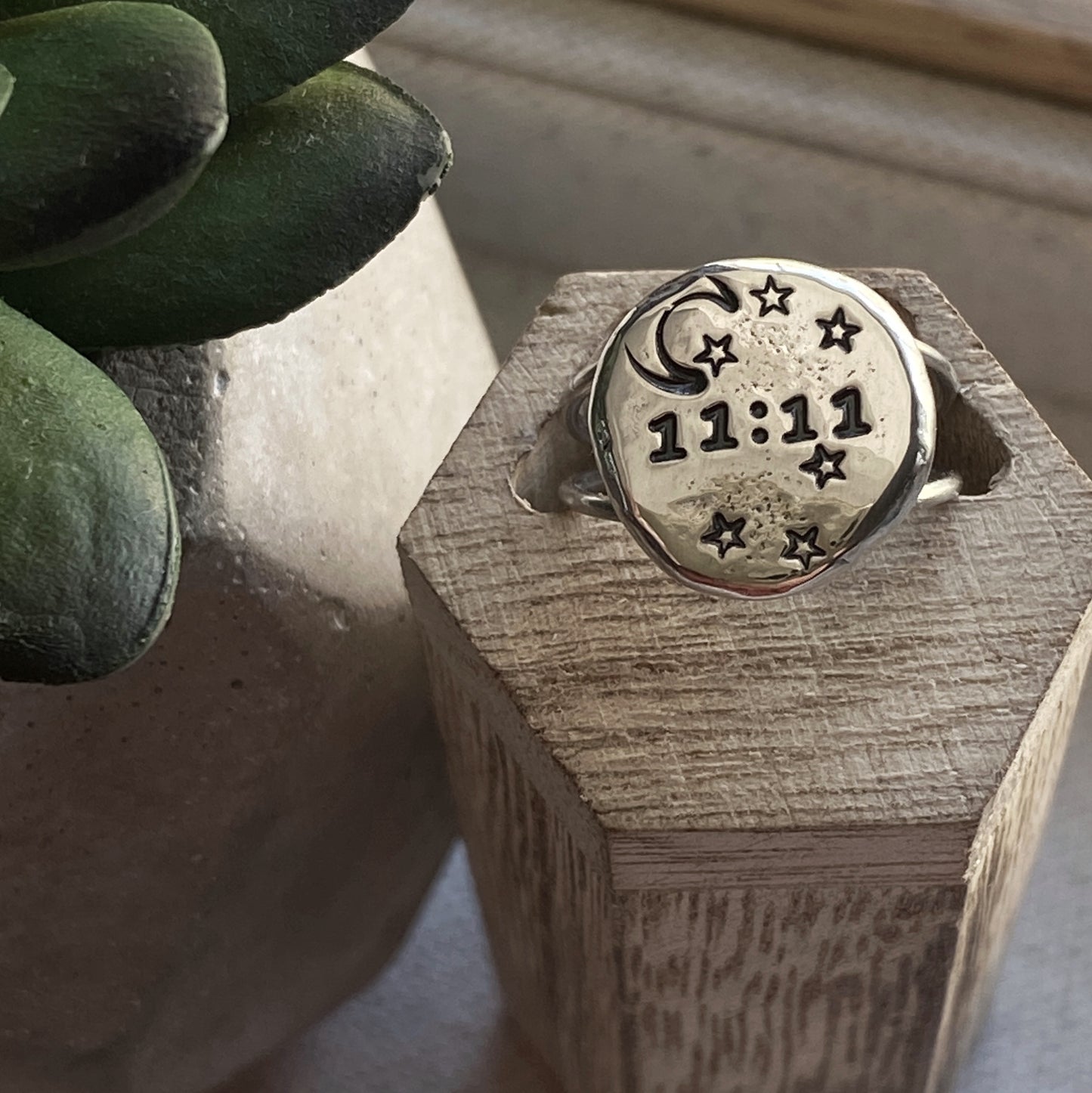 Angel Number Ring Time Personalized Moon Stars Sterling Silver Organic Shape Pebble Ring