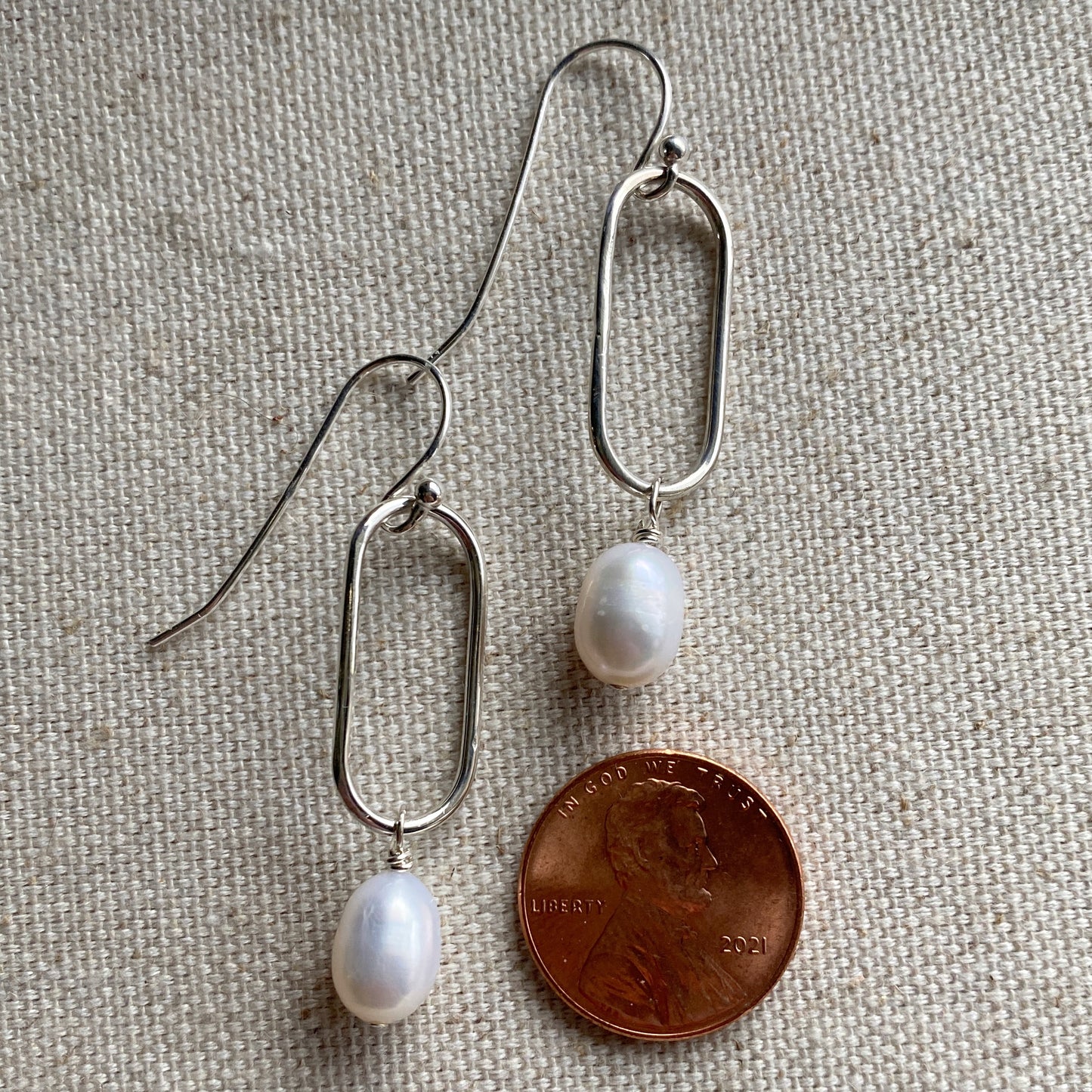 Pearl Earrings Long Oval Sterling Silver Link Freshwater Pearl