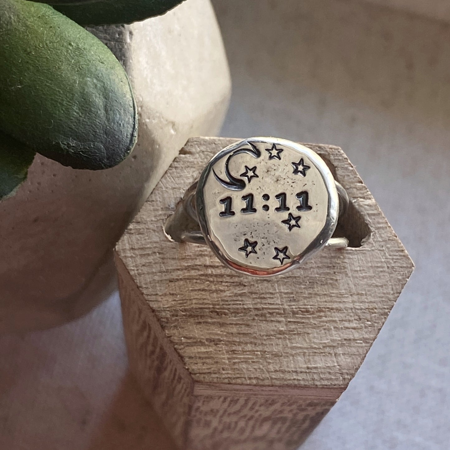 Angel Number Ring Time Personalized Moon Stars Sterling Silver Organic Shape Pebble Ring