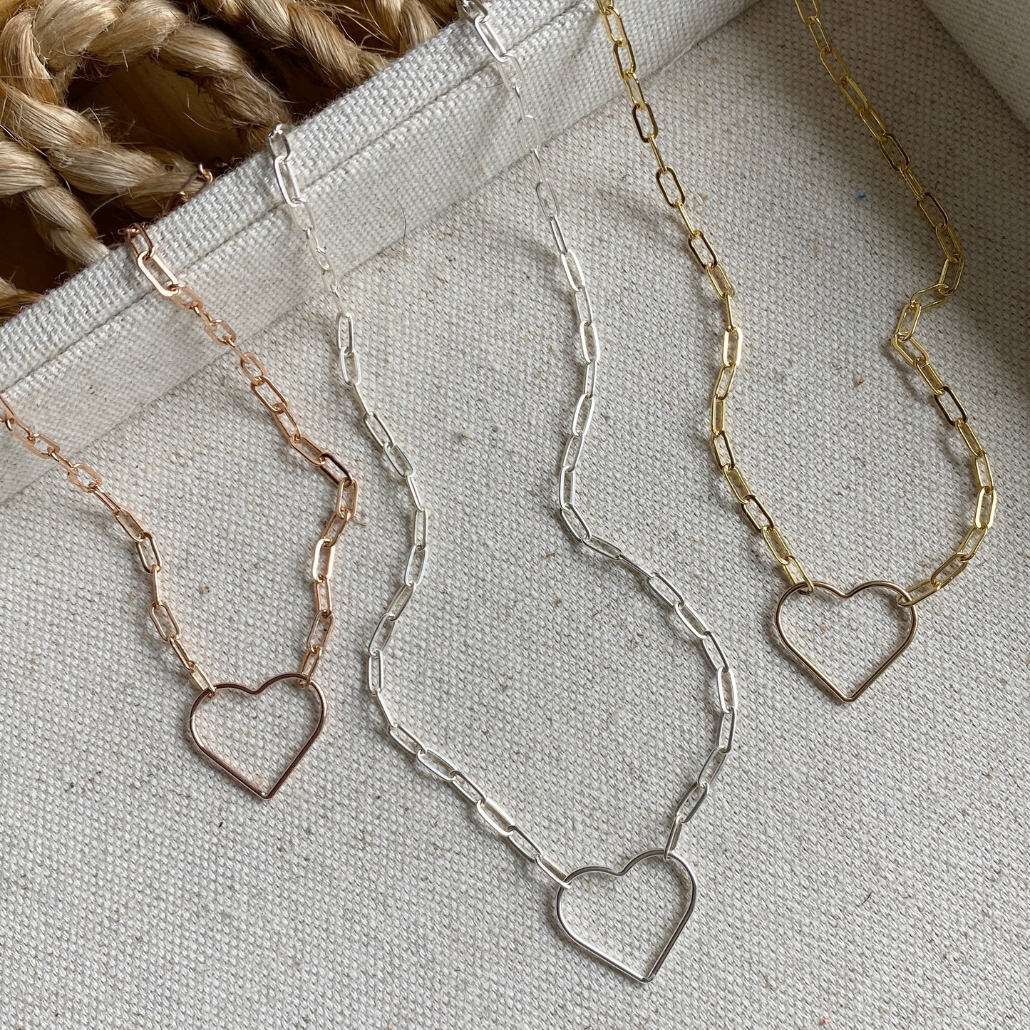 Heart Paperclip Chain Necklace Sterling Silver Gold or Rose Gold Filled Floating Heart Layering Jewelry