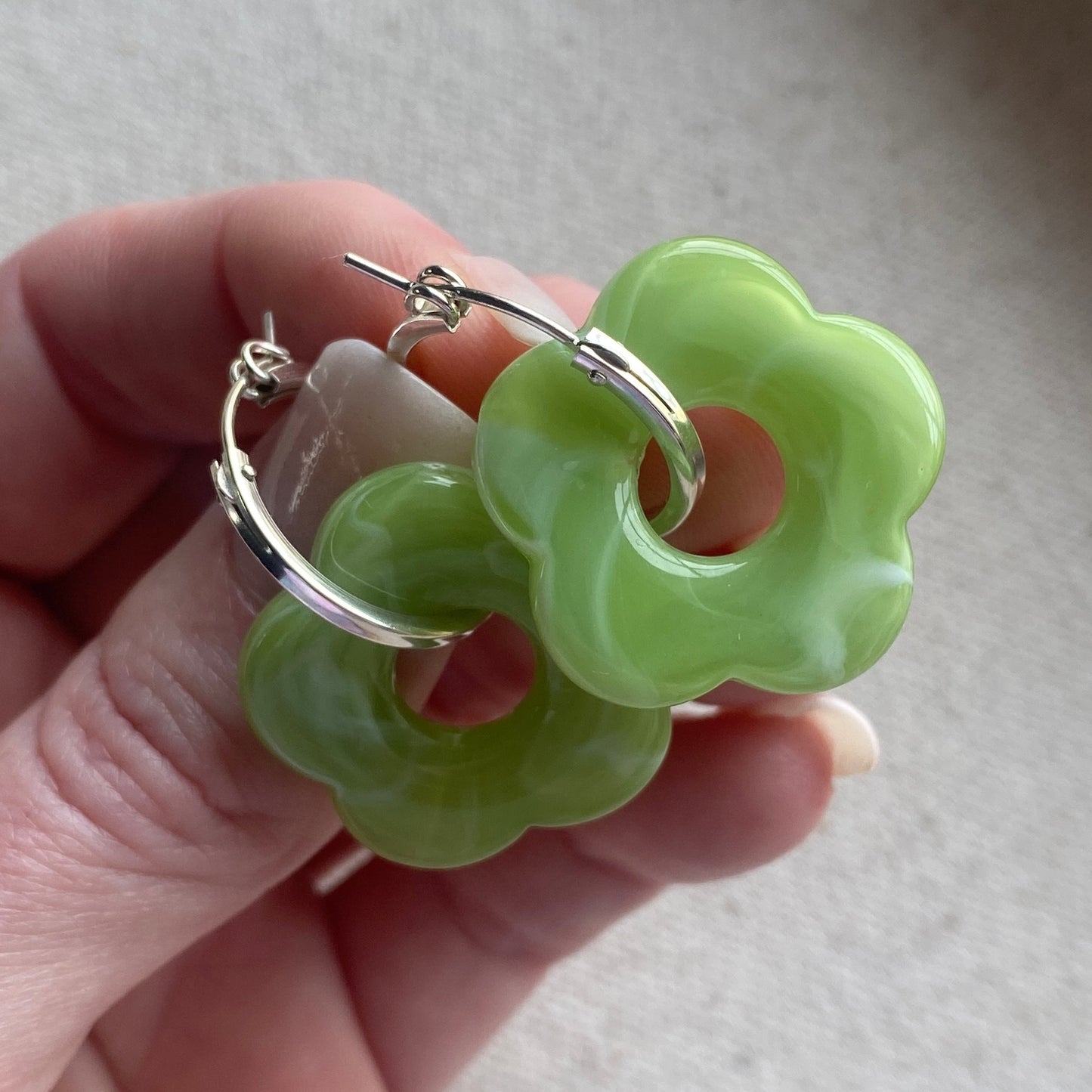 Flower Hoop Earrings Pink Green or Beige Trendy Sterling Silver Earrings