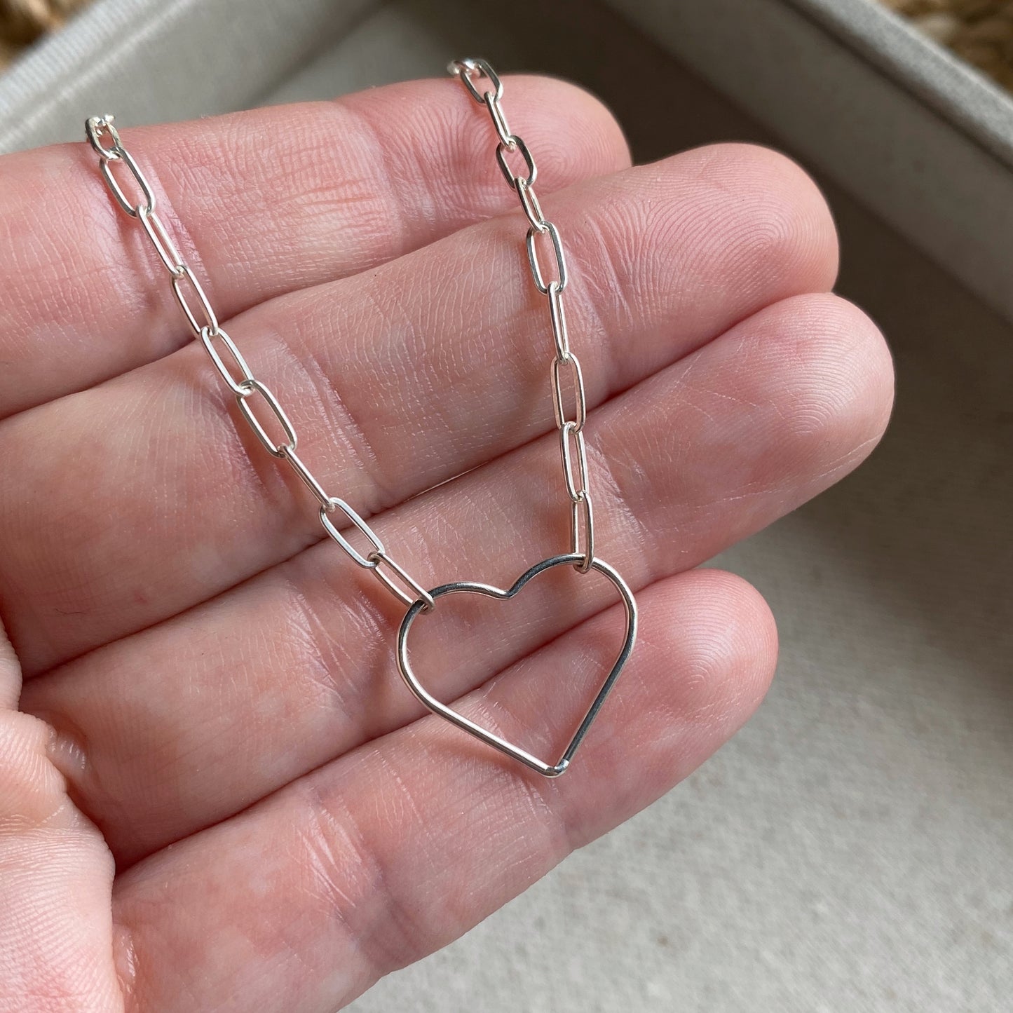 Heart Paperclip Chain Necklace Sterling Silver Gold or Rose Gold Filled Floating Heart Layering Jewelry