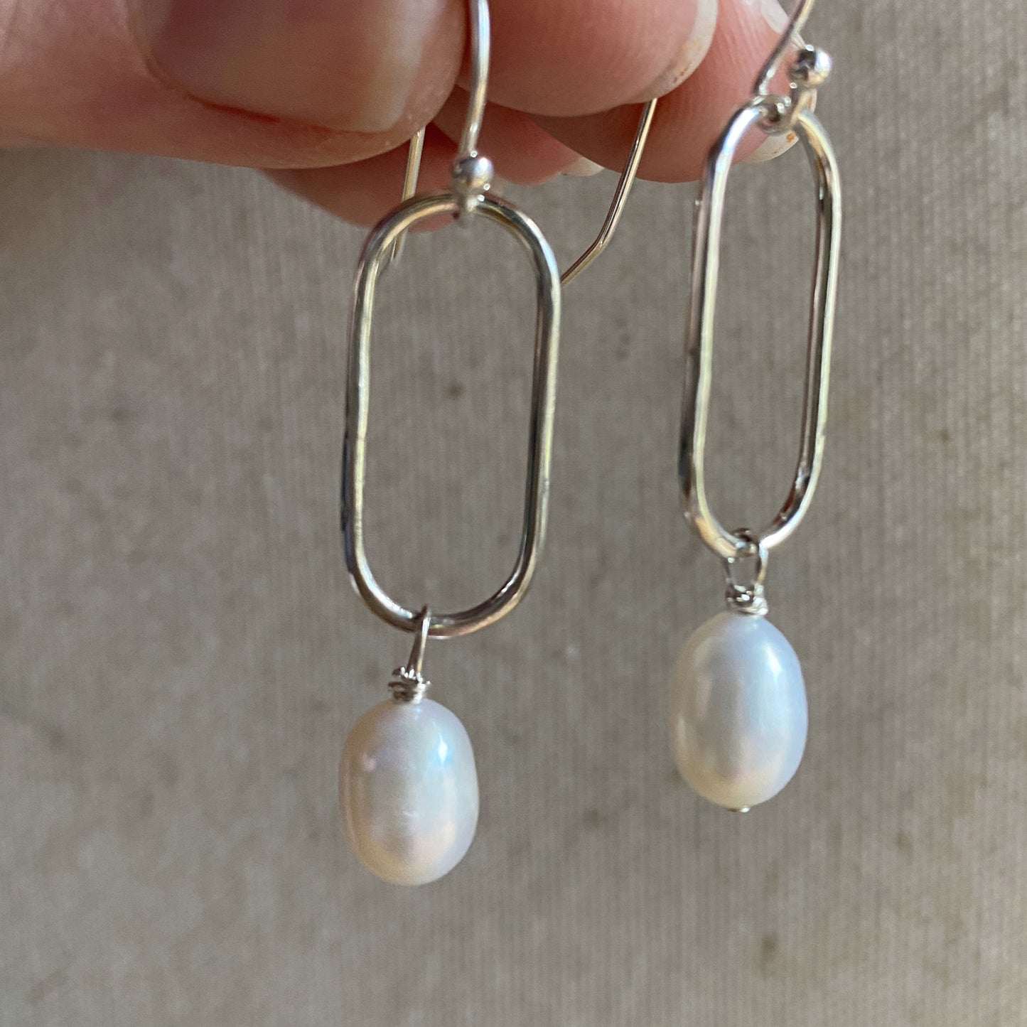 Pearl Earrings Long Oval Sterling Silver Link Freshwater Pearl