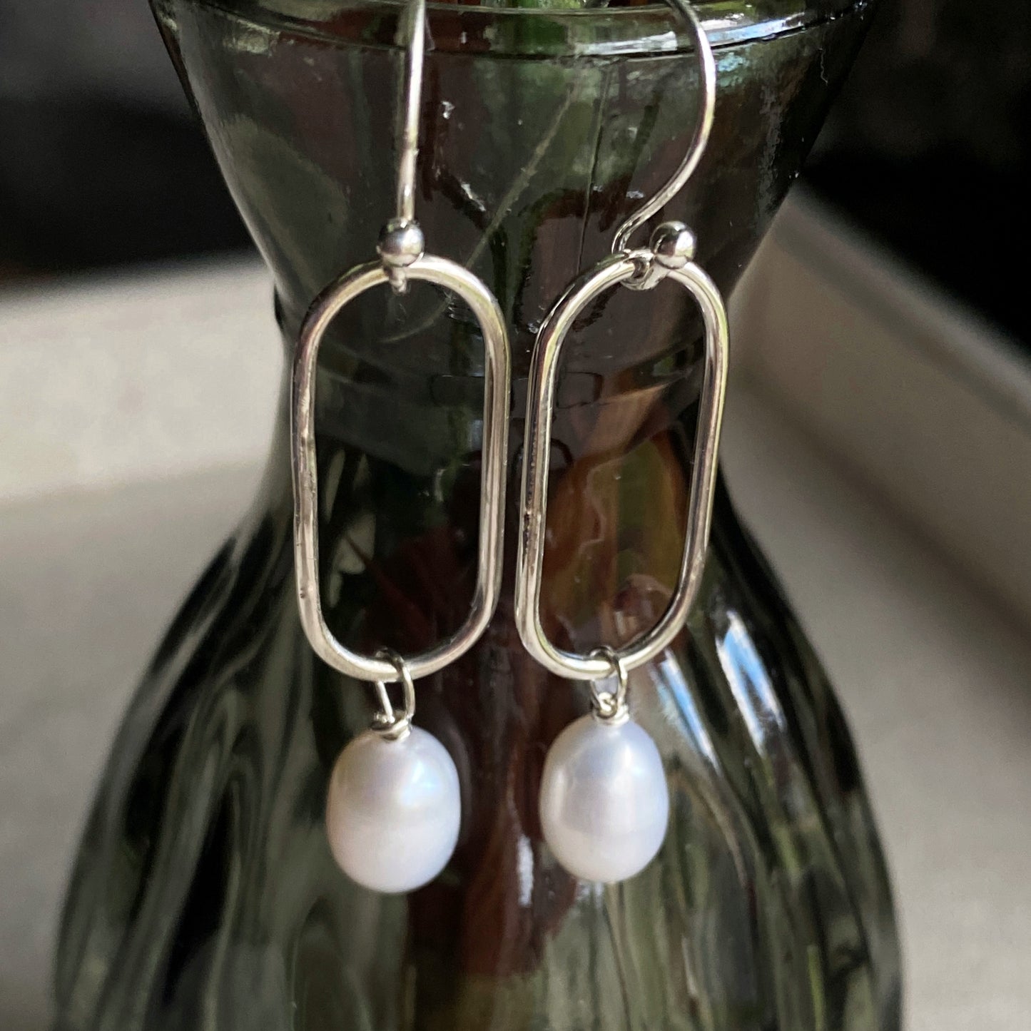 Pearl Earrings Long Oval Sterling Silver Link Freshwater Pearl