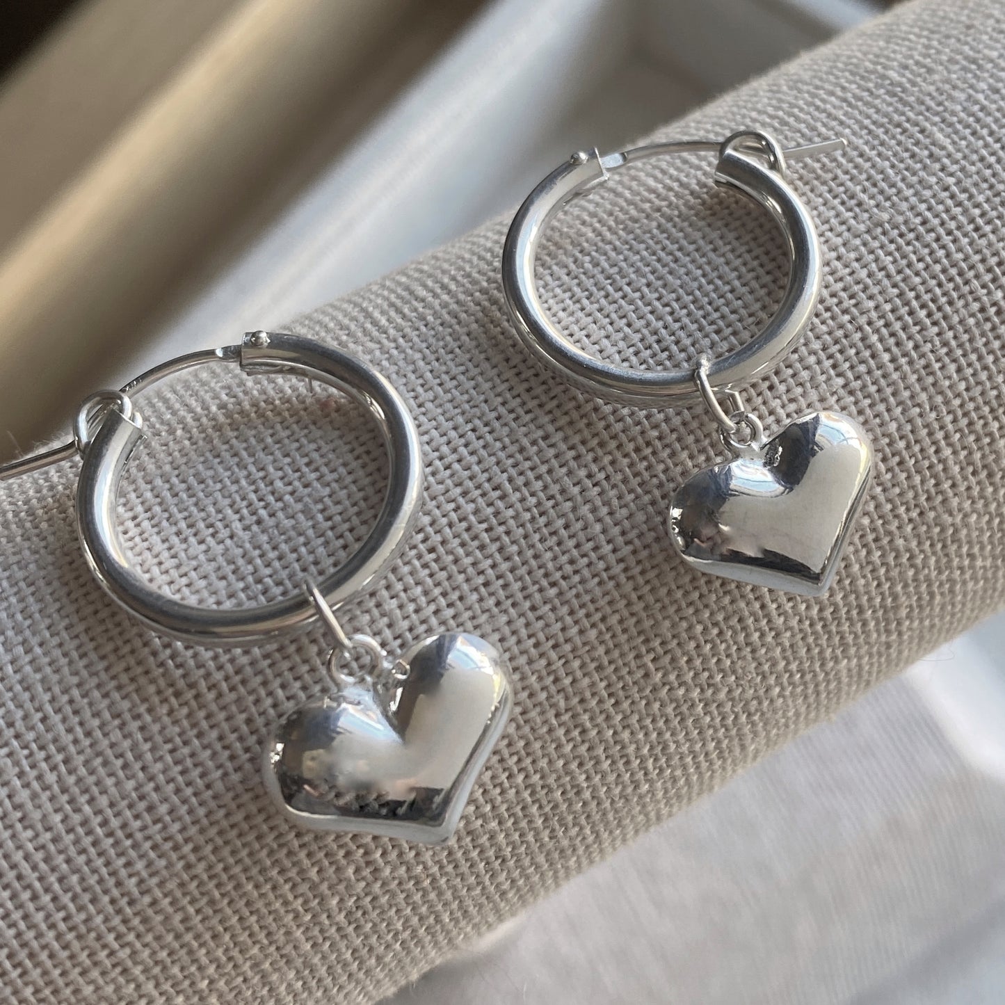 Heart Hoop Earrings Large Sterling Silver Puffy Heart Dangle Huggie Earring