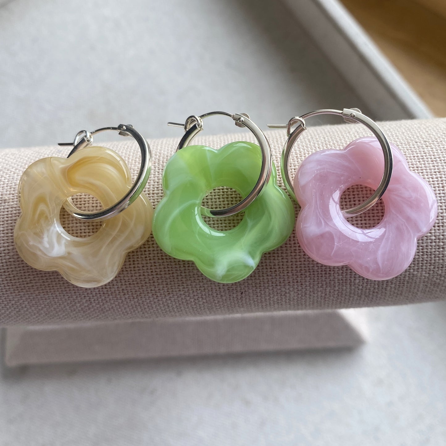 Flower Hoop Earrings Pink Green or Beige Trendy Sterling Silver Earrings