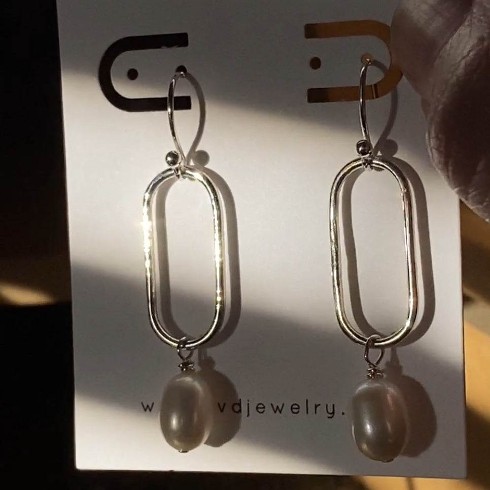 Pearl Earrings Long Oval Sterling Silver Link Freshwater Pearl