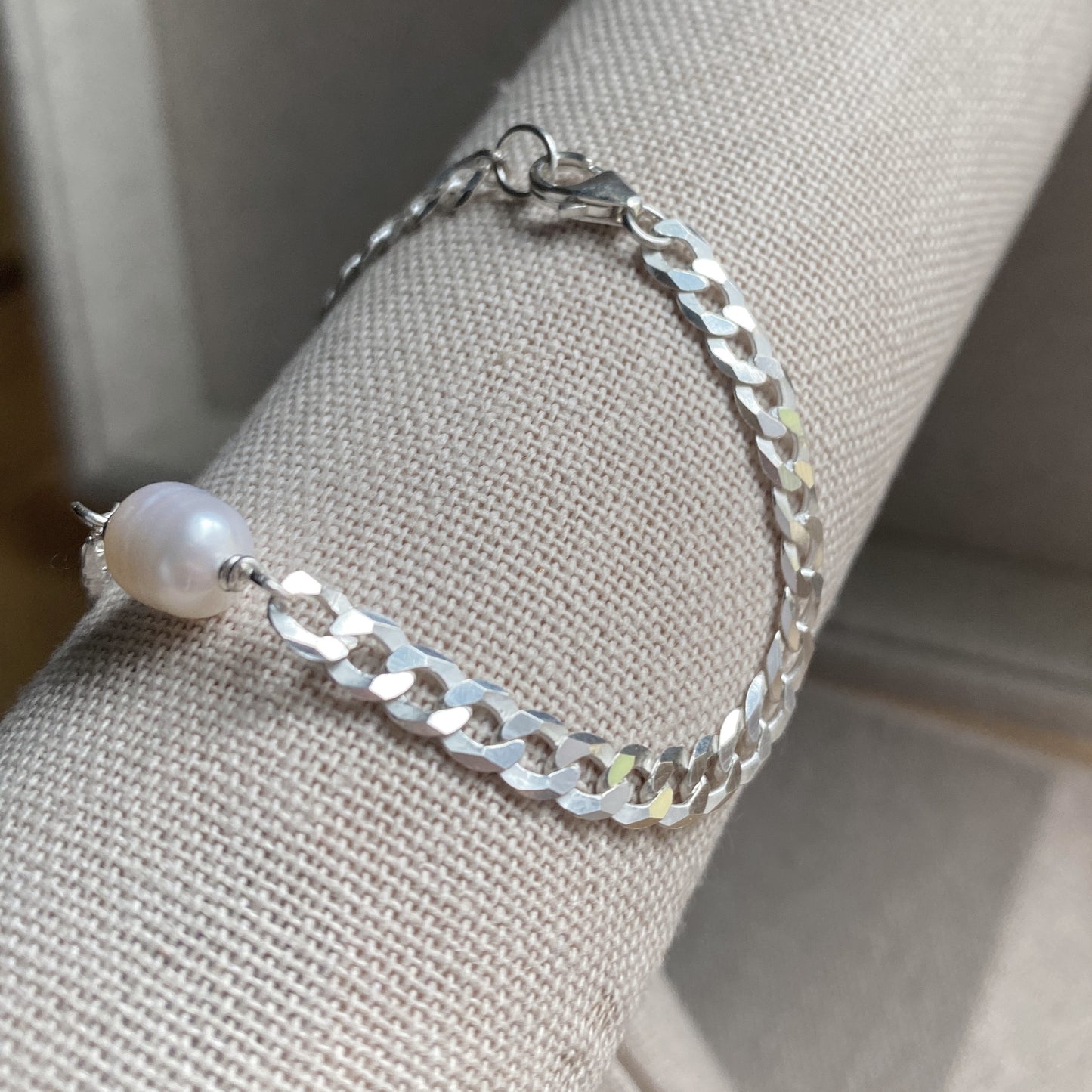 Pearl Curb Link Chain Bracelet Sterling Silver Stacking Layering Jewelry