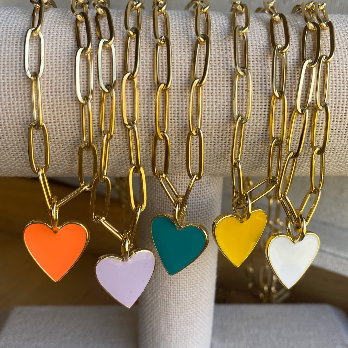 Enamel Heart Chunky Gold Necklace Paperclip Chain Colorful Jewelry