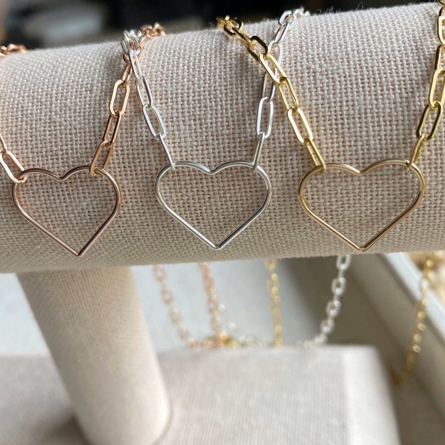 Heart Paperclip Chain Necklace Sterling Silver Gold or Rose Gold Filled Floating Heart Layering Jewelry