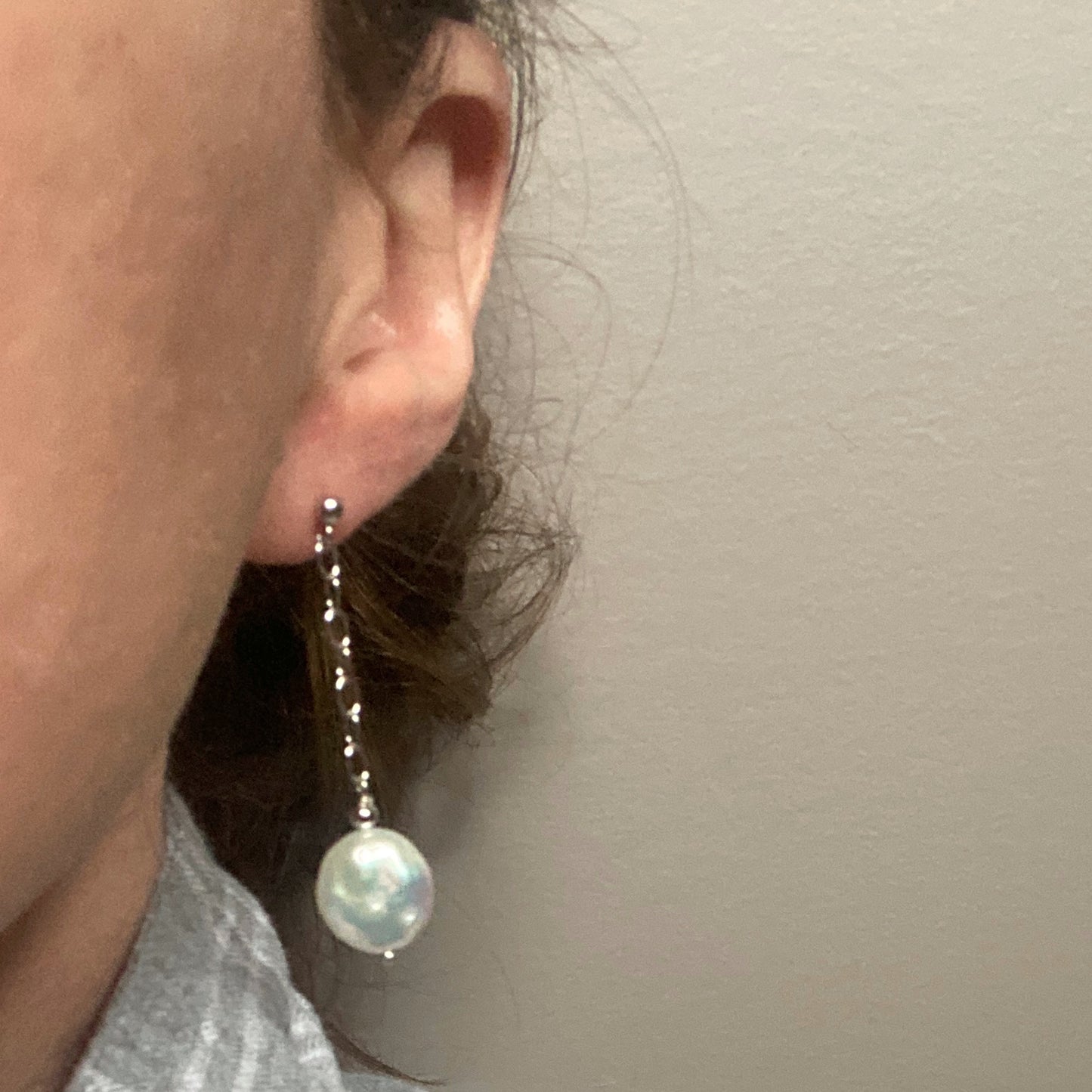 Coin Pearl Stud Dangle Earrings Natural Freshwater White Pearls