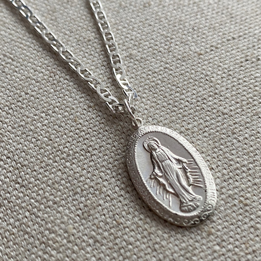Miraculous Medal Blessed Mother Virgin Mary Silver Oval Necklace